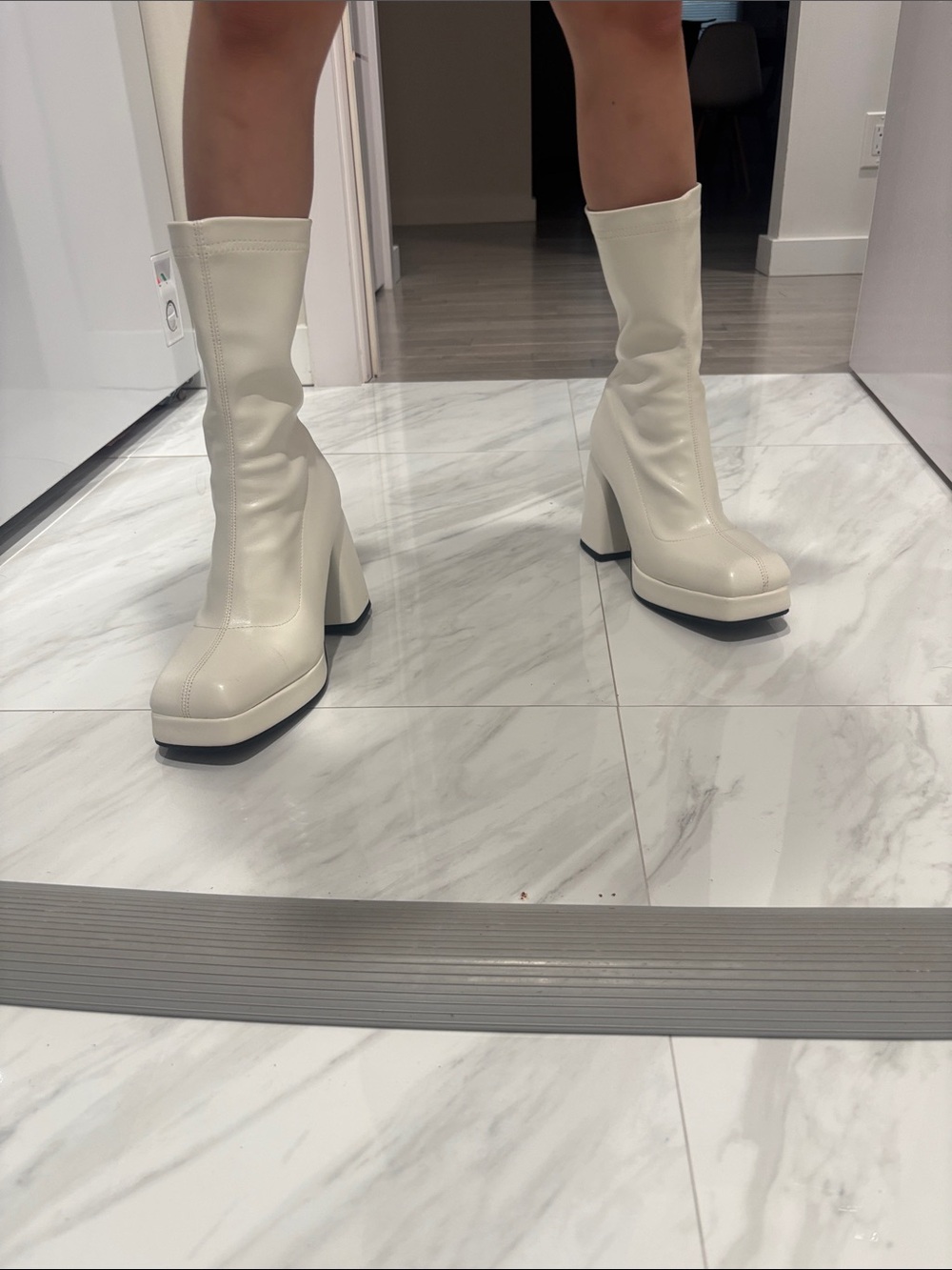 SHEIN Cream Mid-Calf Platform Block Heel Boots